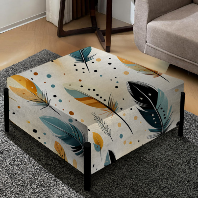 Beige Urban Nomadic Feathers Pattern Boho Large Square Ottoman